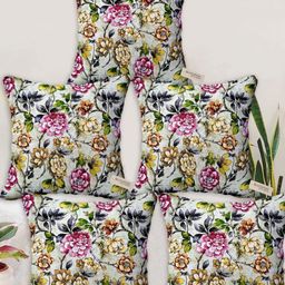 Blue Grass Grey & Green 5 Pieces Floral Printed Satin Square Cushion Covers-image-95