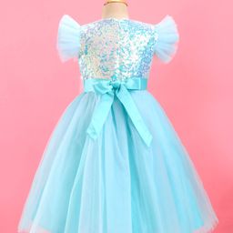 Mark & Mia Sleeveless Three Fourth  Party Frock  with Sequence & Frill Detailing & Bow Applique - Blue image 3