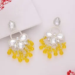 Lyriss Gold-Plated Artificial Stones Studded And Beaded Floral Shaped Drop Earrings-picture-47