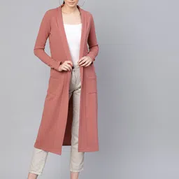 SASSAFRAS Women Peach-Coloured Solid Open Front Longline Shrug-5