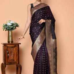 BEATITUDE Wine Pure Satin Handloom Weaving Silk Saree-picture-10