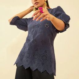 Soch Womens Blue Cotton Floral Schiffli Design Puff Sleeves Tunic-picture-34