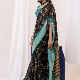 Satrani Black Georgette Floral Saree With Unstitched Blouse-image-30