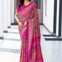 Satrani Pink Printed Saree With Unstitched Blouse-image-86