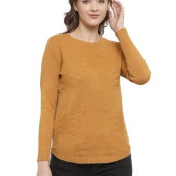 Mafadeny Mustard Self Design Round Neck Sweater-image-34