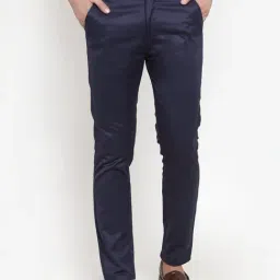 Jainish Navy Cotton Tapered Fit Flat Front Trousers-image-92