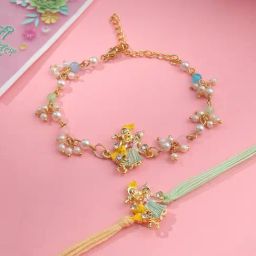 NVR Multicolor Radha Krishna Beaded Bhaiya Bhabhi Rakhi with Roli Chawal Chandan & Mishri - Set of 2 image 2
