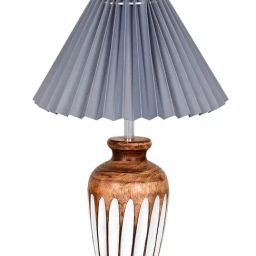 Homesake Small Bedside Lamp with Linen Beige Lampshade Brown Wooden Base E27 Ribbed Urn Grey-27