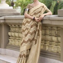 Satrani Beige Linen Woven Saree With Unstitched Blouse-image-17