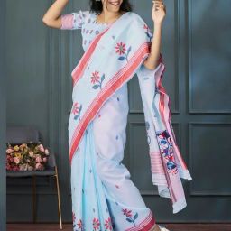 Satrani Blue Linen Woven Saree With Unstitched Blouse-picture-21