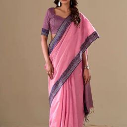 Satrani Pink Cotton Woven Saree With Unstitched Blouse-image-62