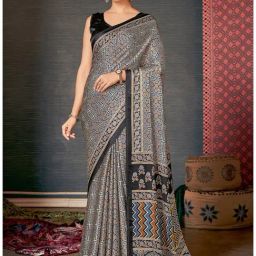 MYSILKLOVE Grey Silk Printed Saree With Unstitched Blouse-image-51