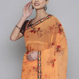 HERE&NOW Orange & Red Floral Satin Saree-image-40