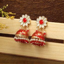 Anouk Red White Gold-Plated Pearls Beaded Dome Shaped Jhumkas-17