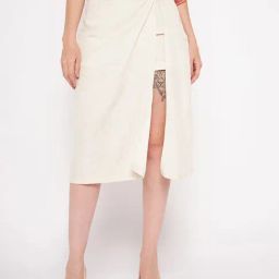 Madame Beige Cotton Flared Solid Skirt-picture-38