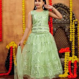 Aarika Girls Green Embroidered Lehenga Choli Set-image-47