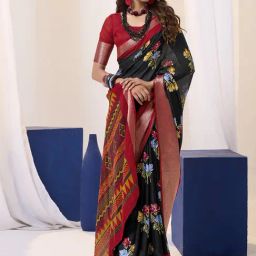 Satrani Black Georgette Floral Saree With Unstitched Blouse-image-56