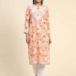 House Of Kari Noor Mul Printed Embroidered Kurta Peach-image-95