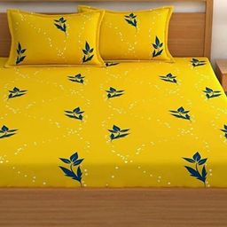Myntra Elegant Homes Yellow & Blue Floral 300 TC King Bedsheet with 2 Pillow Covers-image-92