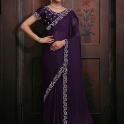 Saree Mall Purple Embellished Saree With Unstitched Blouse-image-4