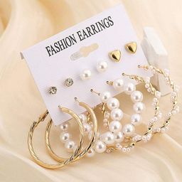 DressBerry Set Of 6 Gold-Plated Pearls Beaded Contemporary Hoop Earrings-10