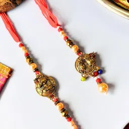 Red and Yellow Mirror Work Lumba Rakhi Set for Bhaiya Bhabhi Traditional Handmade Set of 2 pcs Rakhi and Lumba for Brother and Sister in Law-image-31
