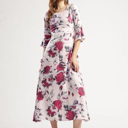 T TRYON ULTIMATE Floral Printed Bell Sleeves Crepe A-Line Midi Dress-image-39