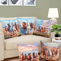 FABINALIV Blue & Brown 5 Pieces Abstract Printed Velvet Square Cushion Covers-48