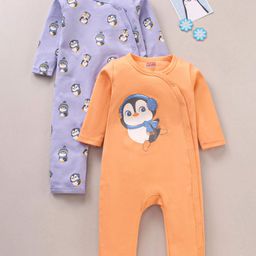 Babyhug 100% Cotton Knit Full Sleeves Penguin Printed Romper Pack of 2 - Multicolour-picture-5