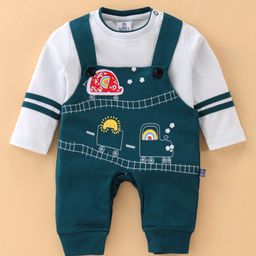 Mini Taurus Cotton Knit Printed Dungaree with Full Sleeves Inner Teewith Applique - Green & Grey-13