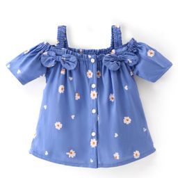 Babyhug Rayon Woven Off Shoulder Sleeves Top With Bow Detailing Floral Print - Blue-image-19