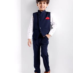 Babyhug Woven Party Suit Solid Colour Waistcoat Set With Full Sleeves Printed Shirt- Navy Blue-image-91