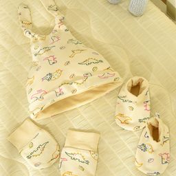 Mi Arcus Dinosaurs Printed Cap Mittens & Booties Set - Cream-18