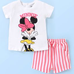 Babyhug  Disney Cotton Half Sleeves Shorts  Night Suit Minnie Mouse Print - White & Pink-image-85