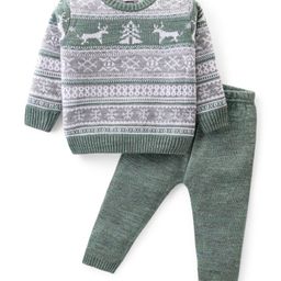 Babyhug Knitted Full Sleeves Pullover Sweater Set with Christmas Theme Design - Grey & Green-picture-25