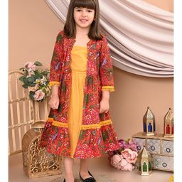 Superminis Cotton Solid Dress With   Three Fourth Sleeves Floral Printed Shrug  - Red-image-96