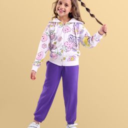 Honeyhap Premium 100% Cotton Knit Full Sleeves HoodedWinter Wear Suit with Bio Finish Floral & Strawberry Print - Bright White &Prism Violet-image-37