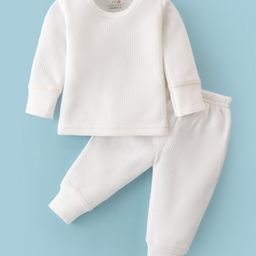 Mom's pet Cotton Full Sleeves Solid Ribbed Thermal Set - White-image-37