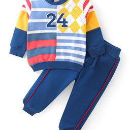Babyhug Cotton Knit Full Sleeves Striped T-Shirt & Lounge Pants Set With Number Print - Navy Blue-image-33