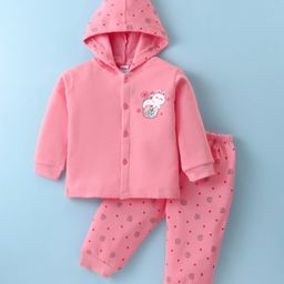 Tango Fleece Knit Full Sleeves Hooded Front Open Winter Night Suit With Polka Dots Hearts & Animal Print - Pink-image-12