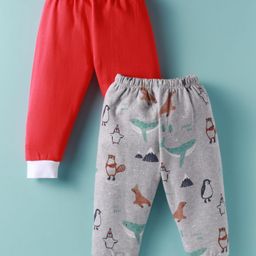 Ben Benny Knit Full Length Solid & Animal Printed Fleece Pants Pack of 2 - Red & Grey-image-71