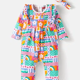 Babyhug Interlock Knit Full Sleeves Romper With Floral Print & Hairband - Green-picture-21