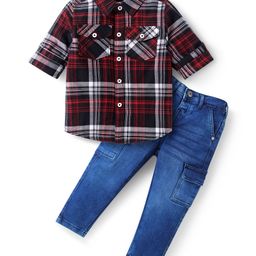 Babyhug Cotton Woven Full Sleeves Checks Shirt & Denim Jeans Set - Red & Blue-image-100