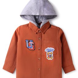 Babyhug Cotton Woven Full Sleeves Text Printed Shirt with Detachable Hood - Rust Orange-image-31