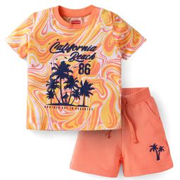 Babyhug Single Jersey Knit Half Sleeves T-Shirt & Shorts Set with Beach Theme Text Print - Peach-image-66