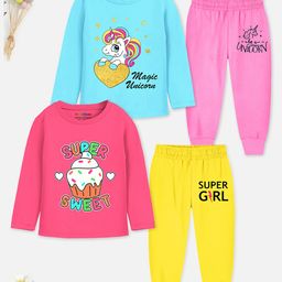 Trampoline Cotton Blend Knit Pack Of 2 Full Sleeves Unicorn & Typography Printed Night Suit Set - Multi Colour-image-66