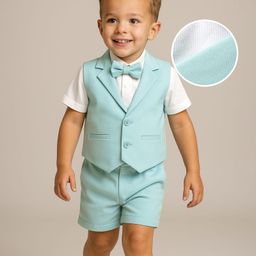 Babyhug Knit Half Sleeves Solid 3 Piece Party Suit With Bow - Mint Green-image-63