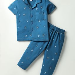 Teddy Cotton Knit Half Sleeves Co-ords Night Suit with Teddy Print - Navy Blue-image-72