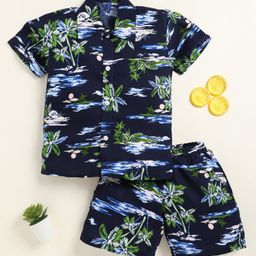 Little Marine Cotton Knit Half Sleeves Coconut Trees Printed Shirt With Coordinating Shorts Set - Navy Blue-image-29