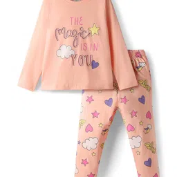 Smarty Girls 100% Cotton Full Sleeves Text & Hearts Printed Night Suit - Peach-picture-12